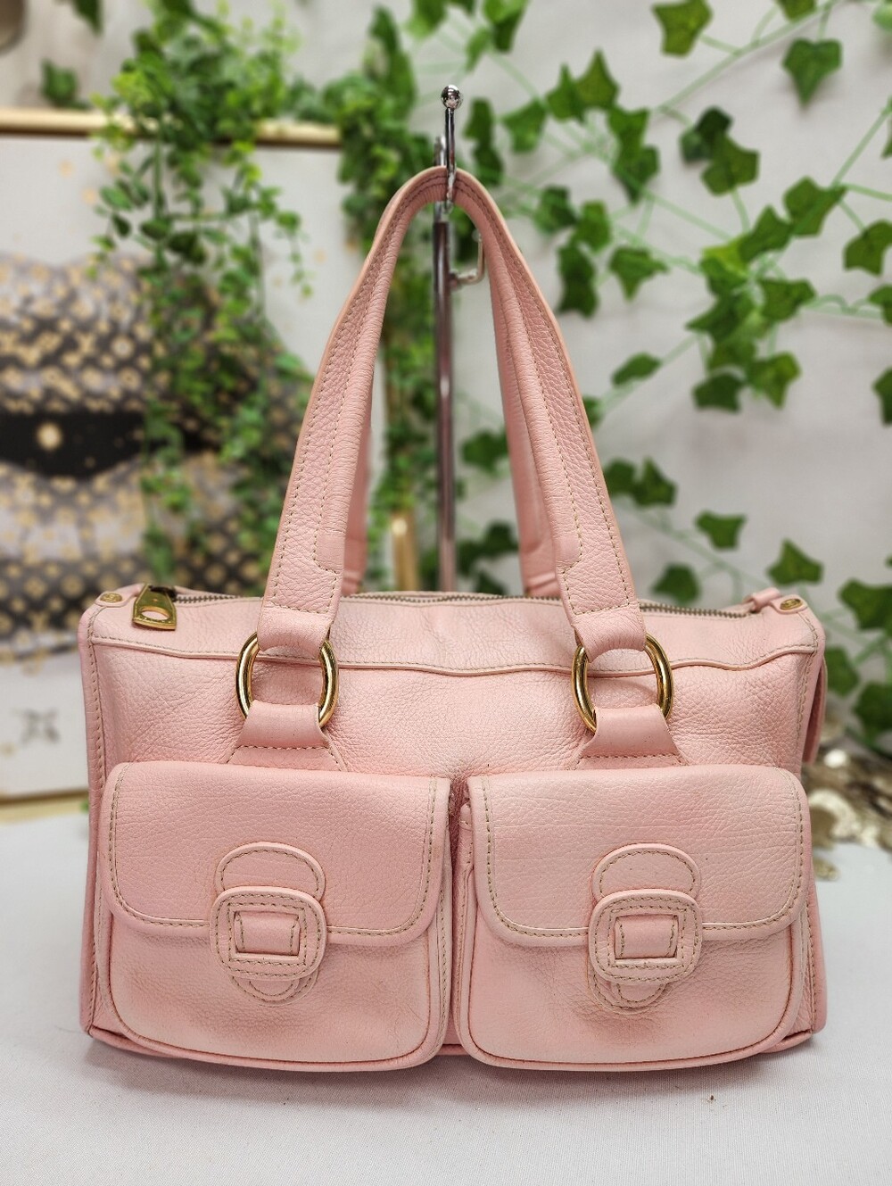Authentic Celine Pebbled Leather 2 Pocket Bag In Pink